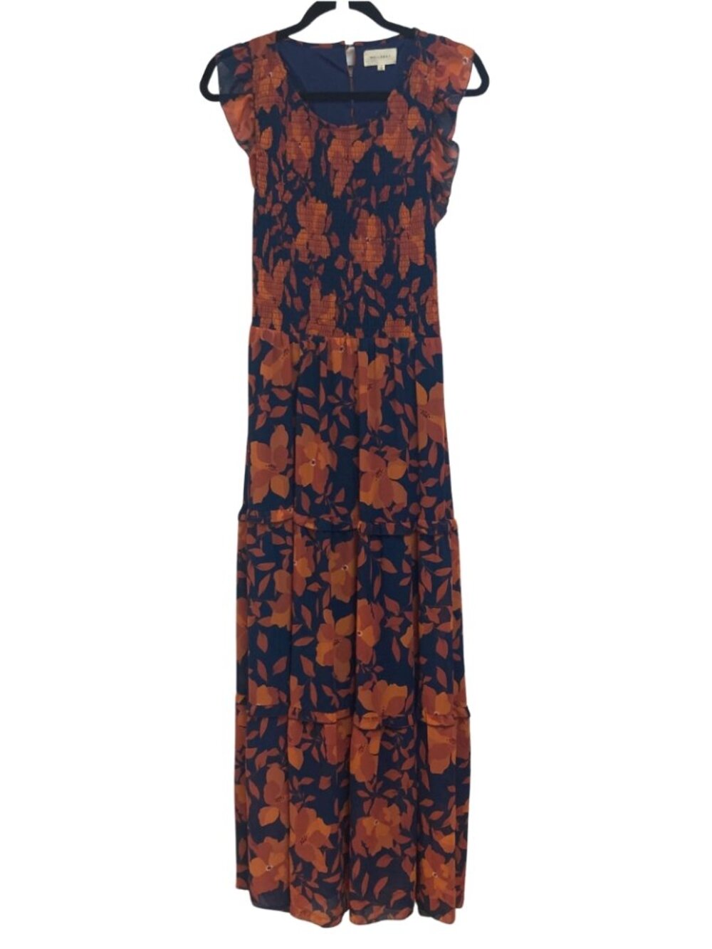 Melloday Blue and Orange  Maxi Sundress Button detail and ruffle sleeves Size L